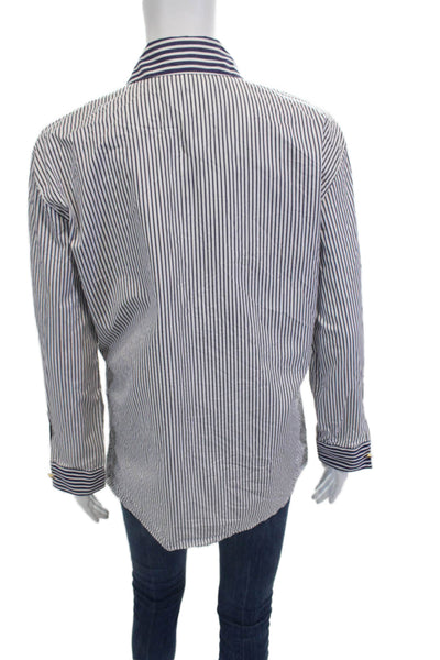 Escada Women Blue Striped Collared Button-Up Long Sleeve Top Size M