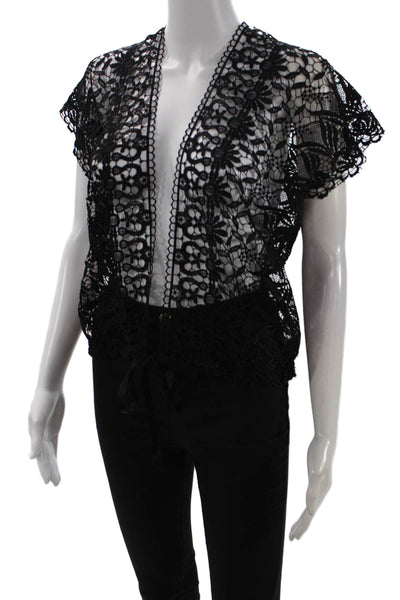 French Connection Womens Black Floral Short Sleeve Button Blouse Boho Size 2