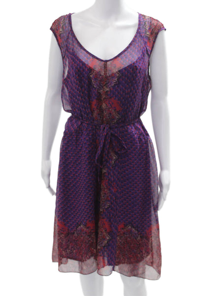 Nanette Lepore Women Blouson Sundress Purple Silk V Neck Geometric Boho Size 10