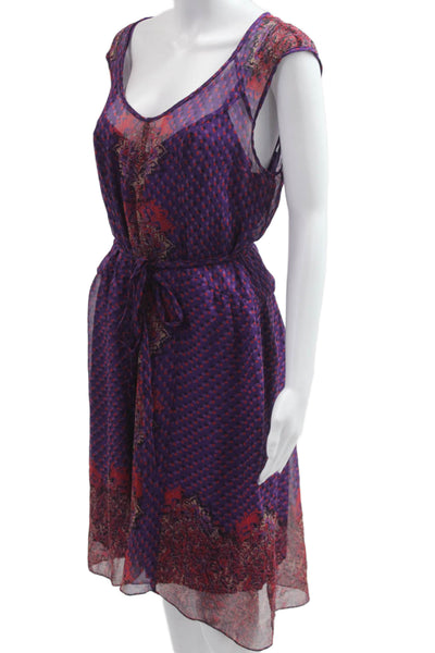 Nanette Lepore Women Blouson Sundress Purple Silk V Neck Geometric Boho Size 10