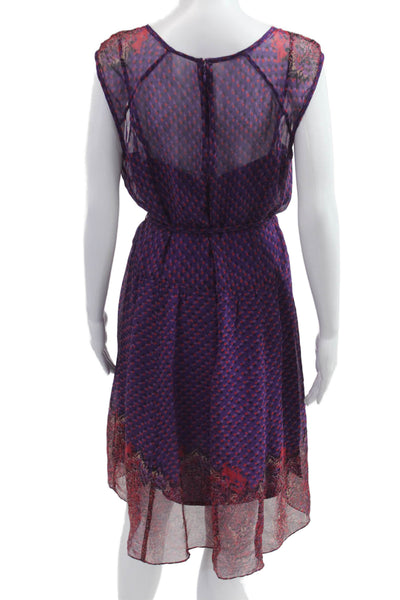 Nanette Lepore Women Blouson Sundress Purple Silk V Neck Geometric Boho Size 10