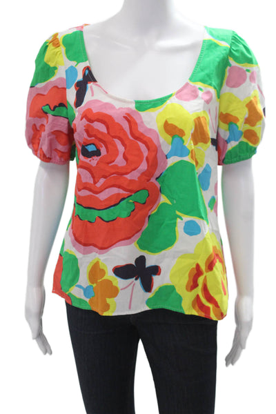 J Crew Women Floral Square Neck Button Cotton Blouse Short Sleeve Size 12