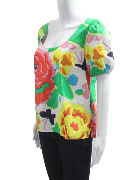 J Crew Women Floral Square Neck Button Cotton Blouse Short Sleeve Size 12
