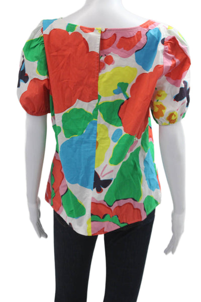 J Crew Women Floral Square Neck Button Cotton Blouse Short Sleeve Size 12