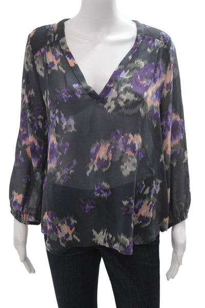 Joie Womens Tunic Blouse Black V-Neck Floral Long Sleeve Silk Size M