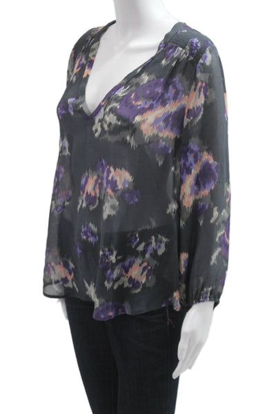 Joie Womens Tunic Blouse Black V-Neck Floral Long Sleeve Silk Size M