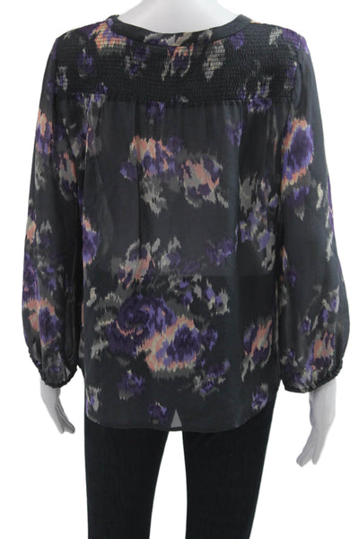 Joie Womens Tunic Blouse Black V-Neck Floral Long Sleeve Silk Size M
