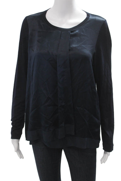 Whyci Milano Womens Designer Blouse Dark Blue Wool Blend Long Sleeve Size 44