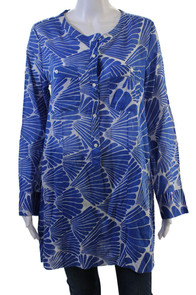 J Crew Womens Tunic Blouse Blue Geometric Round Neck Long Sleeve Button Size S