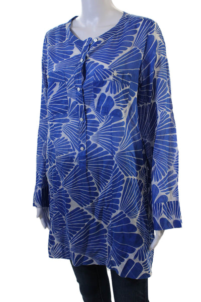 J Crew Womens Tunic Blouse Blue Geometric Round Neck Long Sleeve Button Size S