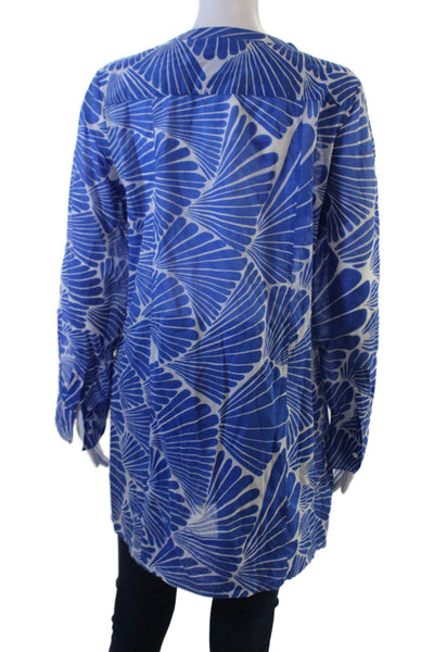J Crew Womens Tunic Blouse Blue Geometric Round Neck Long Sleeve Button Size S