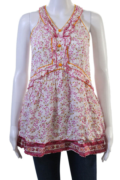 Poupette St. Barth Women V-Neck Floral Viscose Tunic Sleeveless White Size 12