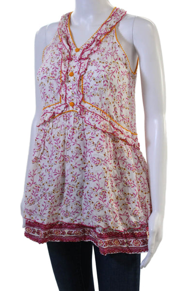 Poupette St. Barth Women V-Neck Floral Viscose Tunic Sleeveless White Size 12