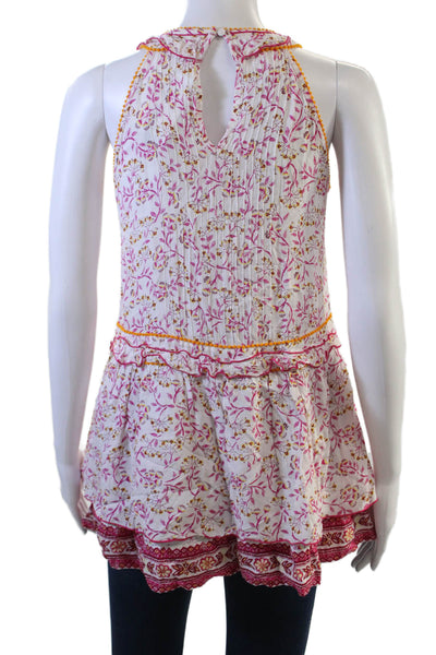 Poupette St. Barth Women V-Neck Floral Viscose Tunic Sleeveless White Size 12