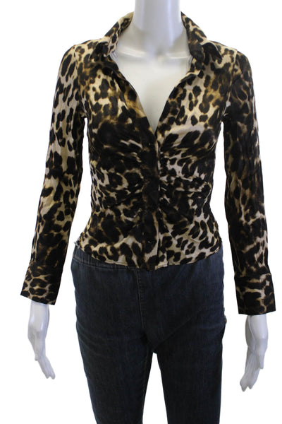 Zara Women Beige Animal Print Collared Long Sleeve Button Up Blouse Size XS