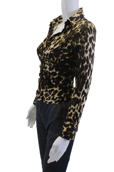 Zara Women Beige Animal Print Collared Long Sleeve Button Up Blouse Size XS