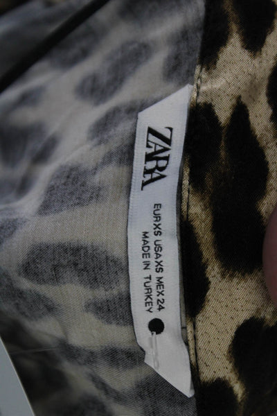 Zara Women Beige Animal Print Collared Long Sleeve Button Up Blouse Size XS