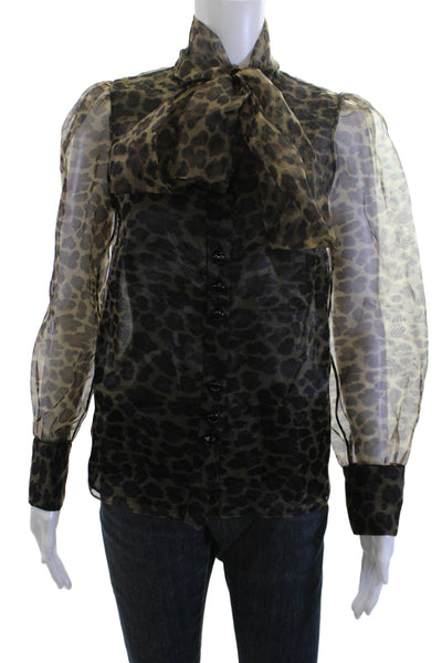 Zara Womens Animal Print High Neck Black Button Up Blouse Long Sleeve Size XS