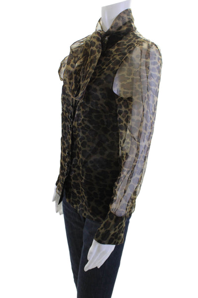 Zara Womens Animal Print High Neck Black Button Up Blouse Long Sleeve Size XS