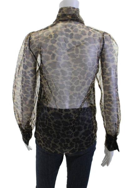 Zara Womens Animal Print High Neck Black Button Up Blouse Long Sleeve Size XS
