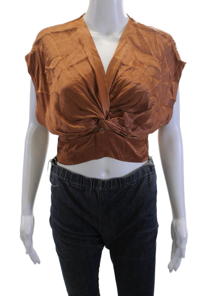Zara Women Cropped Sleeveless V Neck Brown Boho Tie Blouse Size XS