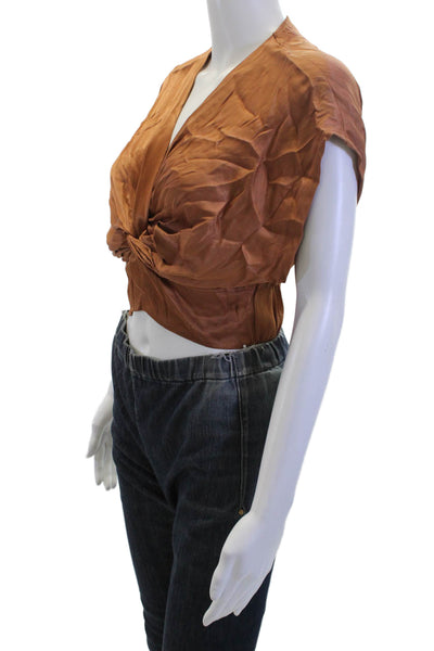 Zara Women Cropped Sleeveless V Neck Brown Boho Tie Blouse Size XS