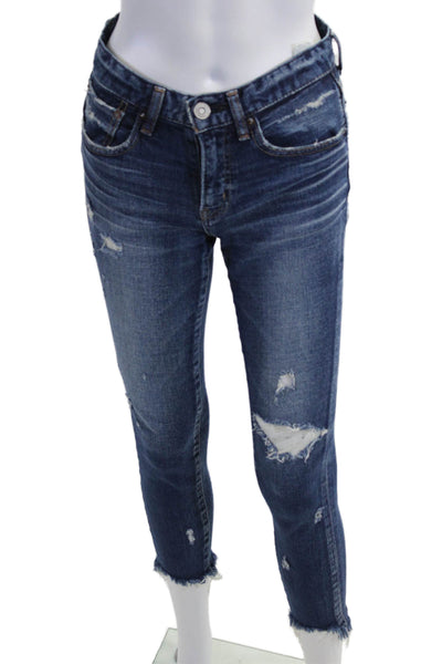 Moussy Womens Ankle Cropped Skinny Mid Rise Jeans Dark Blue Button Size 25