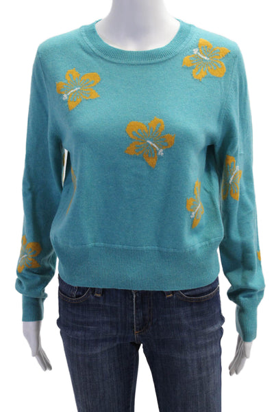 The Westside Womens Light Blue Floral Crew Neck Pullover Sweater Size XS