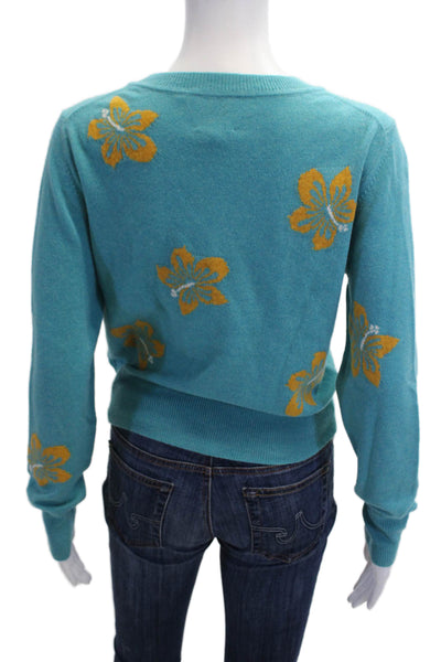 The Westside Womens Light Blue Floral Crew Neck Pullover Sweater Size XS