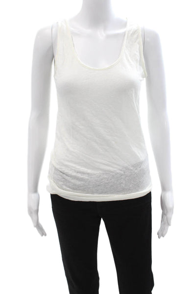 Majestic Paris Women Basic Sleeveless White Linen Blend Round Neck Tank Size 3