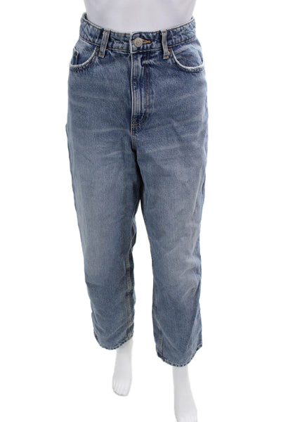 Zara Womens Mom Cropped High Rise Blue Jeans Cotton Button Size 10