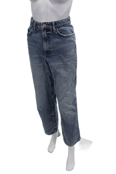 Zara Womens Mom Cropped High Rise Blue Jeans Cotton Button Size 10