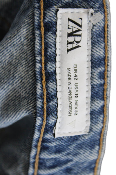 Zara Womens Mom Cropped High Rise Blue Jeans Cotton Button Size 10