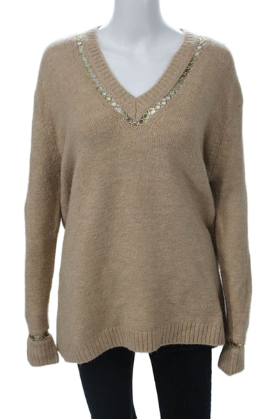 Zara Knit Women V-Neck Beige Pullover Sweater Long Sleeve Size M