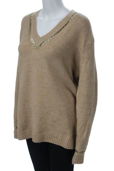Zara Knit Women V-Neck Beige Pullover Sweater Long Sleeve Size M
