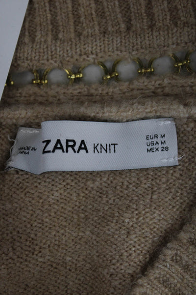 Zara Knit Women V-Neck Beige Pullover Sweater Long Sleeve Size M