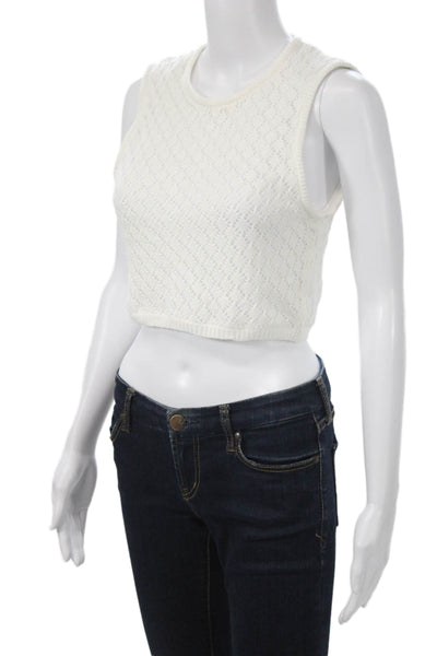 Aqua Women Cropped Tank White 100% Cotton Crew Neck Sleeveless 90s Size L