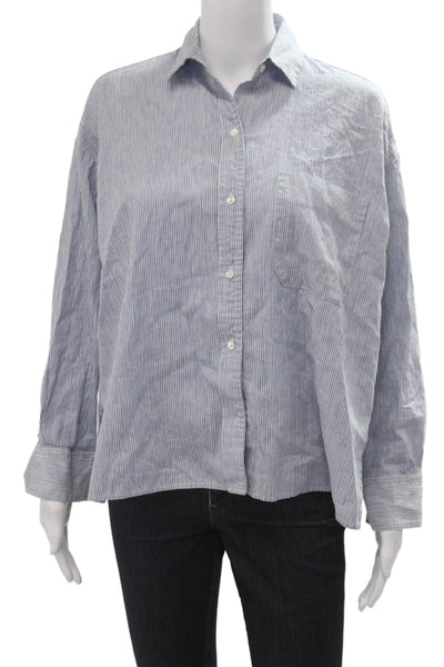 Vince Women Silk Striped Collared Button-Up Top Long Sleeve Blue Size S
