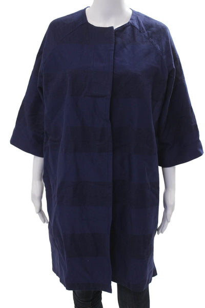 N_8 Women Coat Dark Blue Striped Cotton Acrylic Snap 3/4 Sleeve Size 42