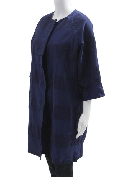 N_8 Women Coat Dark Blue Striped Cotton Acrylic Snap 3/4 Sleeve Size 42