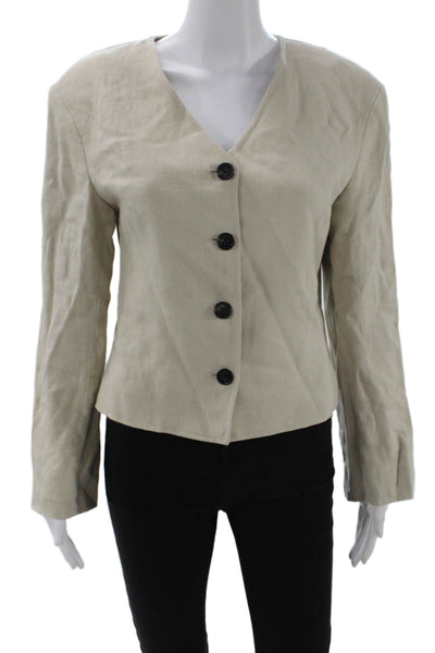 Massimo Dutti Womens Beige Cotton V Neck Button Blazer Long Sleeve Size 6