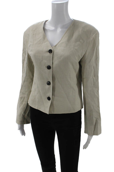 Massimo Dutti Womens Beige Cotton V Neck Button Blazer Long Sleeve Size 6