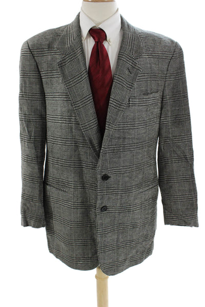 Donna Karan Signature Mens Plaid Gray Wool Blend Blazer Button Collared Size 44