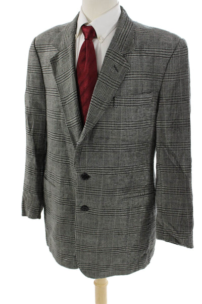 Donna Karan Signature Mens Plaid Gray Wool Blend Blazer Button Collared Size 44