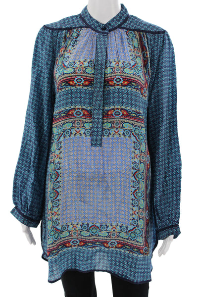 Tolani Womens Silk Geometric Tunic Collared Button Long Sleeve Blue Size M
