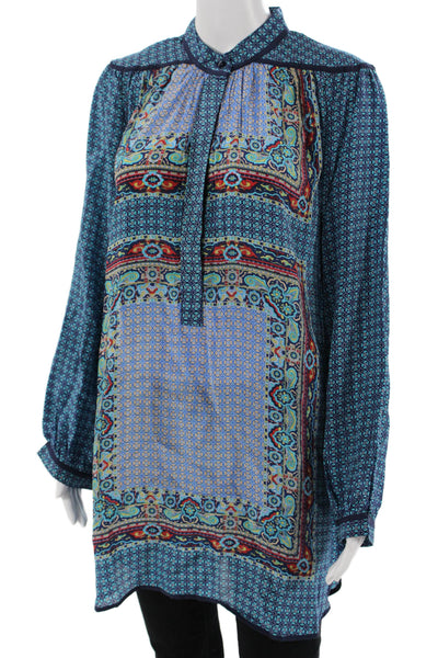 Tolani Womens Silk Geometric Tunic Collared Button Long Sleeve Blue Size M