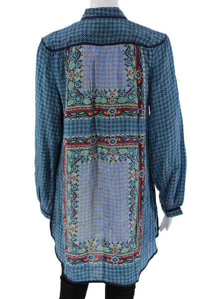 Tolani Womens Silk Geometric Tunic Collared Button Long Sleeve Blue Size M