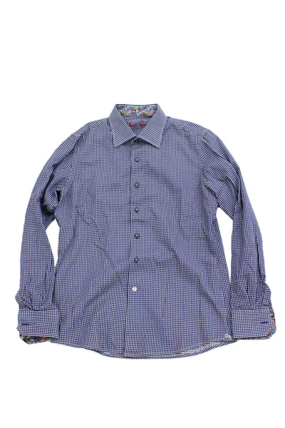 Robert Graham Mens Blue Check Button-Up Collared Long Sleeve Cotton Size L
