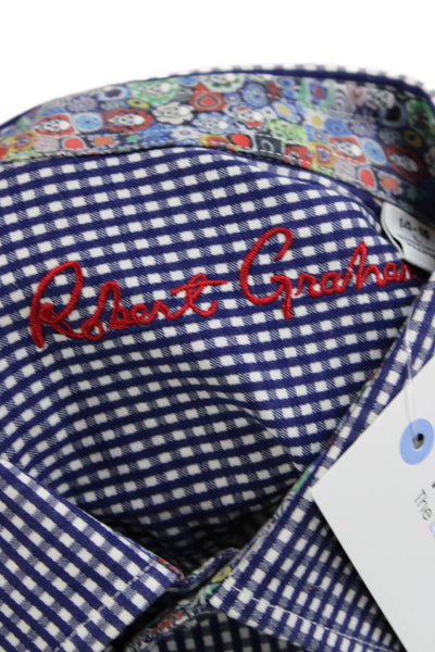Robert Graham Mens Blue Check Button-Up Collared Long Sleeve Cotton Size L