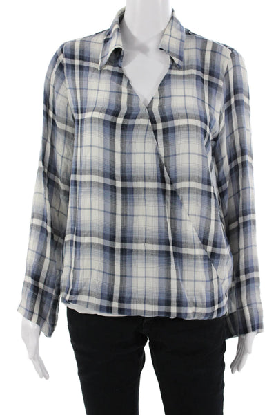 Single Womens Blue Floral Plaid Rayon V Neck Long Sleeve Blouse Size XS